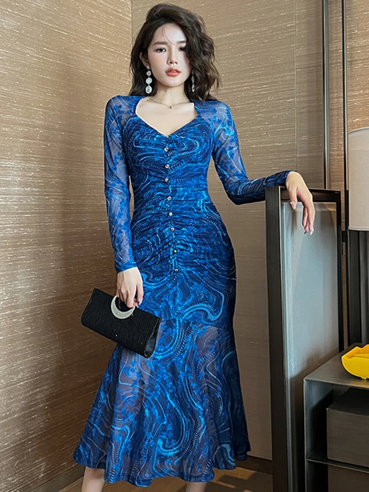 2023 Spring Elegant Celebrity Blue Women s Dresses Sheer Mesh Long Sleeve Diamond Button Folds Trumpet