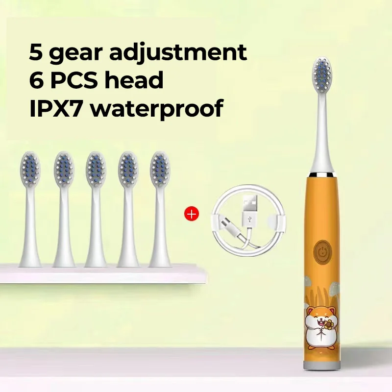 thumbnail image 1 of Cepillo de dientes eléctrico sónico para niños, recargable, colorido, con dibujos animados, automático, IPX7, resistente al agua, con cabezal de repuesto, 1 of 5