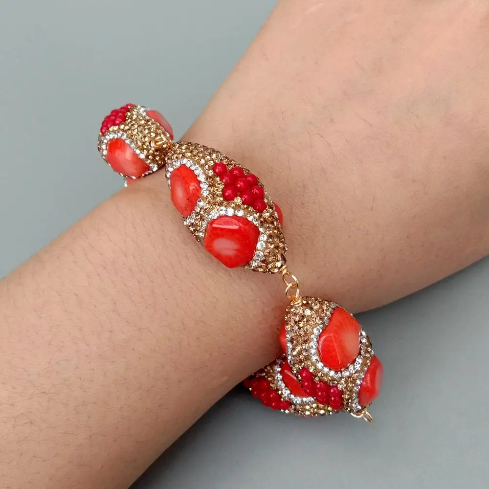 YYGEM   18x35mm Orange Red Coral Golden Crystal Pave Bead Bracelet Fashionable Women