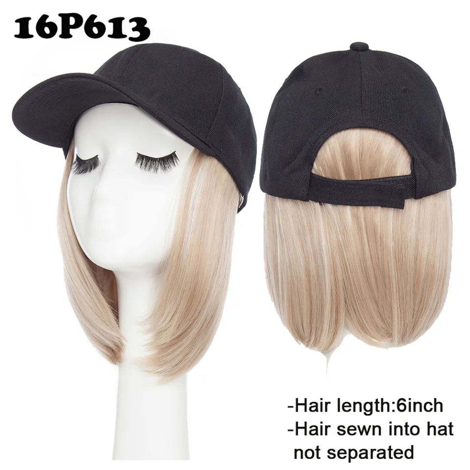 Women's Baseball Cap with 6'' Synthetic Hair Extensions - Adjustable Short Straight Hairpiece Wig Hat