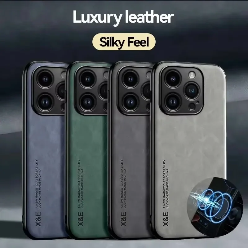 Luxury Genuine Leather Magnetic Phone Case with Metal Support and Car Holder