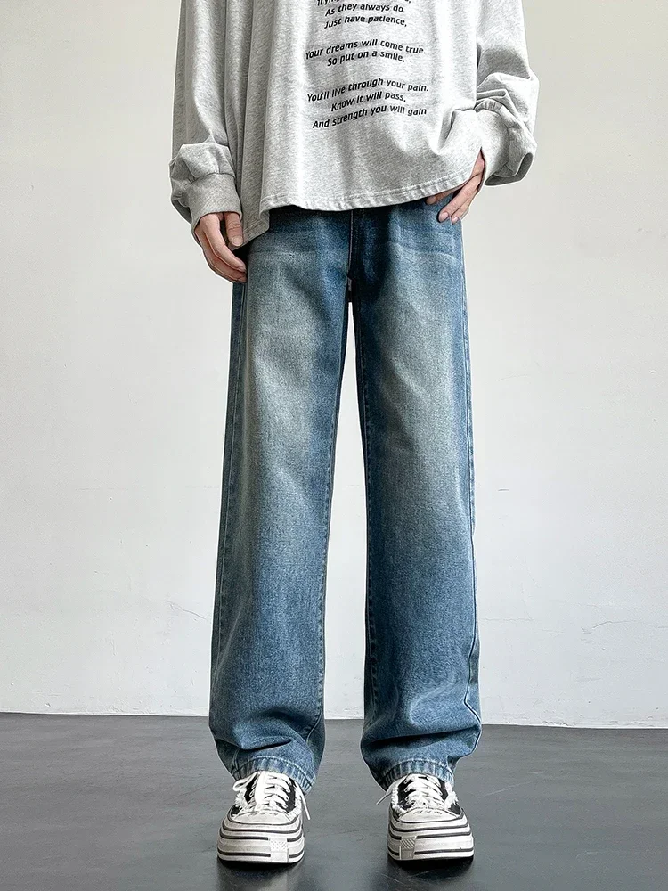 Korean Style Men&rsquo;s Casual Long Jeans Classic Straight Denim Wide-Leg Pants Solid Colors Light Blue Grey Black