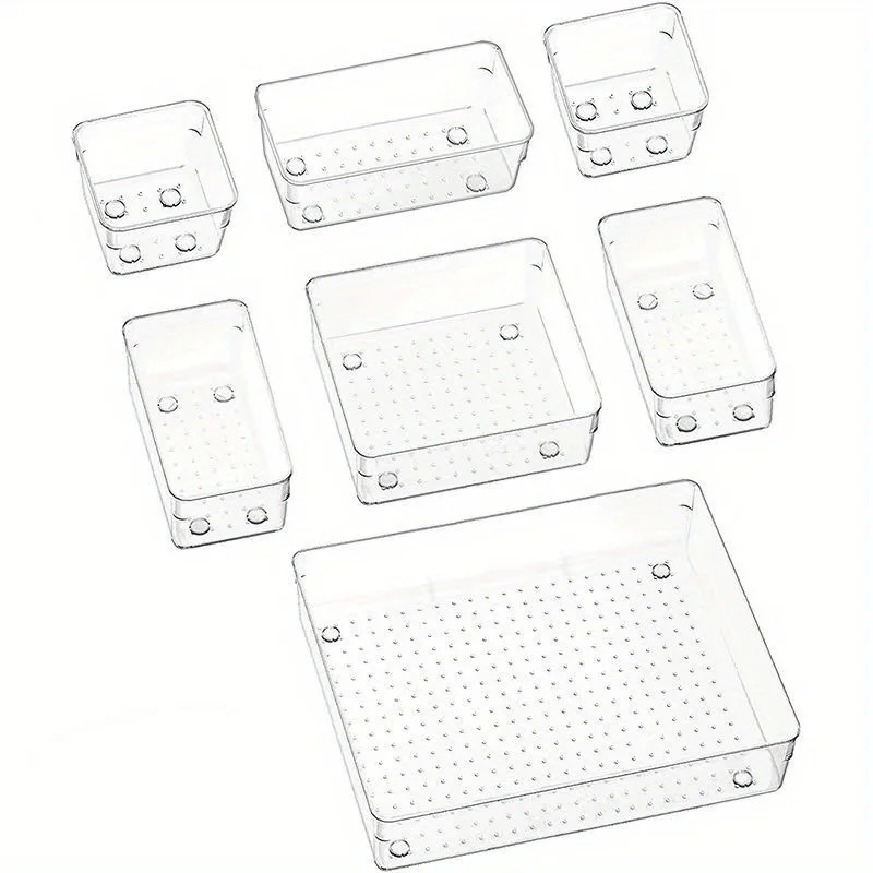 7pcs Premium Transparent Drawer Organizer Set, Multifunctional Plastic Storage Boxes for Dressing Table, Bedroom, Office