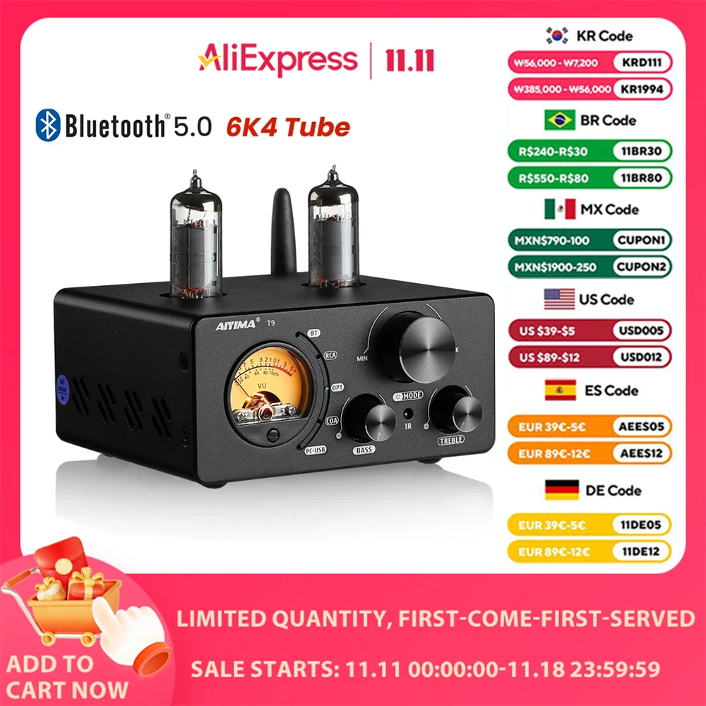 AIYIMA Audio T9 HiFi Bluetooth 5.0 Vacuum Tube Amplifier USB DAC 