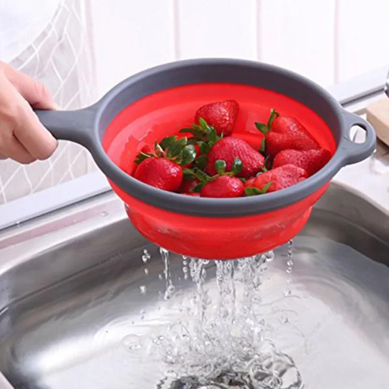 

New Foldable Silicone Colander Fruit Vegetable Washing Basket Strainer With Handle Strainer Collapsible Drainer Kitchen Tools