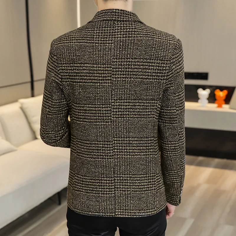 New Simple Atmosphere Men's Small Suit Korean Version Slim Top Handsome Casual Plaid Single Suit Trend Formal Coat Men 5