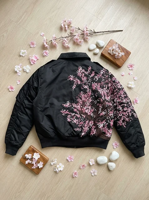 Black Cherry Blossom Embroidered Bomber Jacket Women Men Y2K Loose Casual Streetwear Coat Vintage Fashion Outerwear Ribbed Cuff 1
