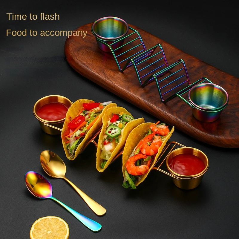 High quality Black Food display rack Pizza stands Stainless Steel Stand Mexico Taco Holder with 2 pcs Sauce Cup &1 dessert spoon