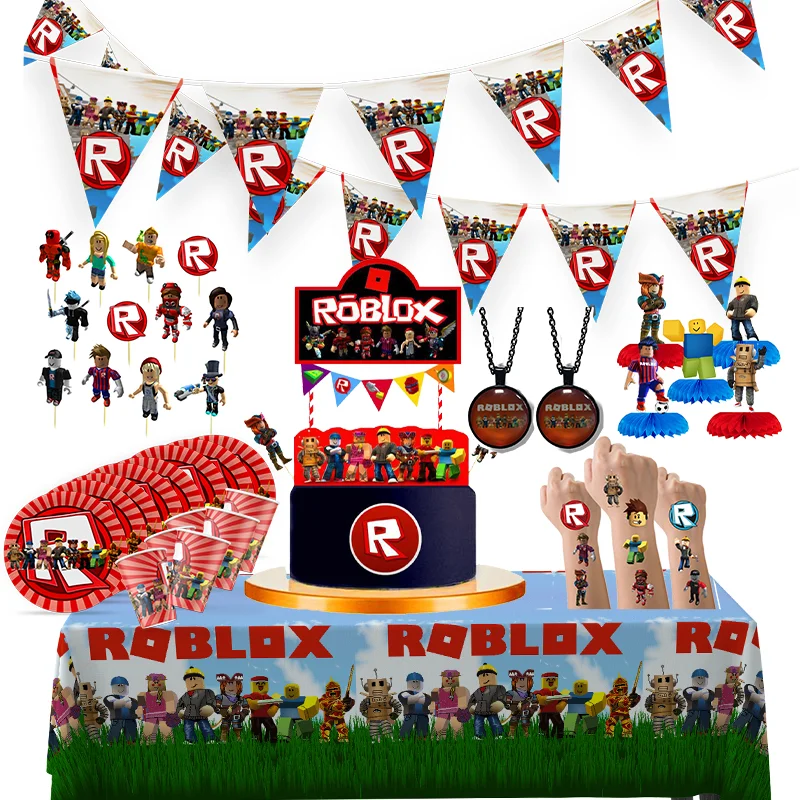 Roblox Party Supplies Tableware Set Paper Plate Cup Straw Latex Balloon Decoration for Roblox Game Birthday Baby Shower