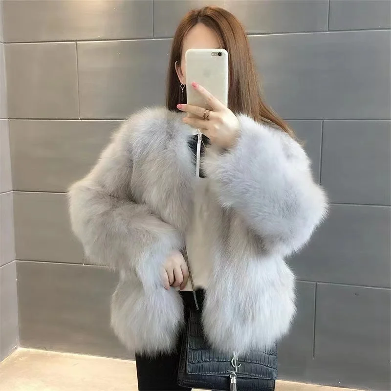 

Women Cropped Fur Coat 2024 Korean Style Stand Collar Imitation Mink Fur Jacket Solid Colors Faux Rabbit Autumn Winter Outwear