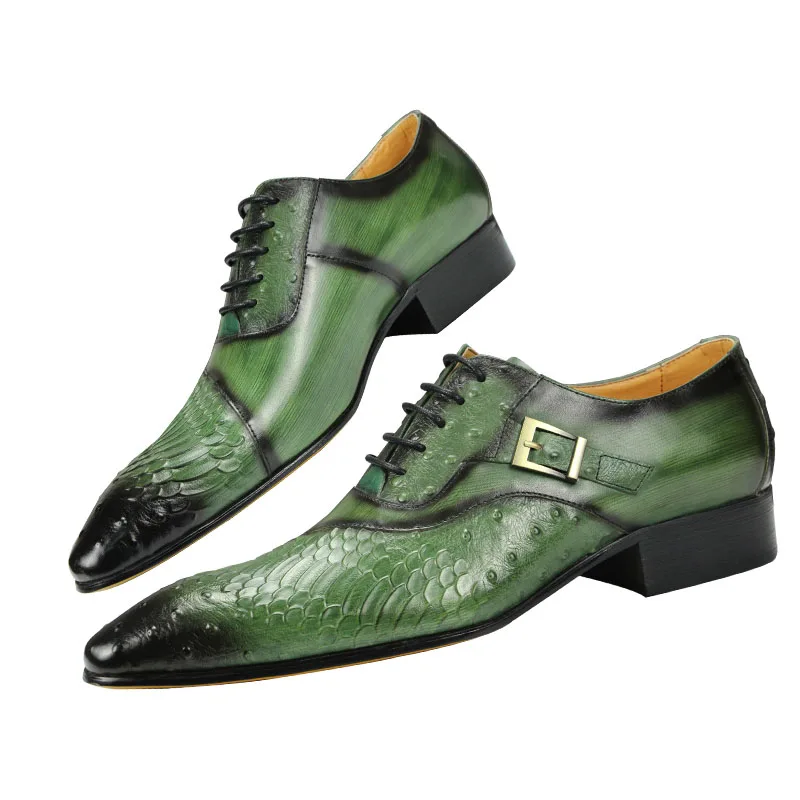 Men's Leather Shoes High Quality Cowhide Leather Oxford Dress Wedding Party Formal Suits Matches Black Green Color Fashion Print