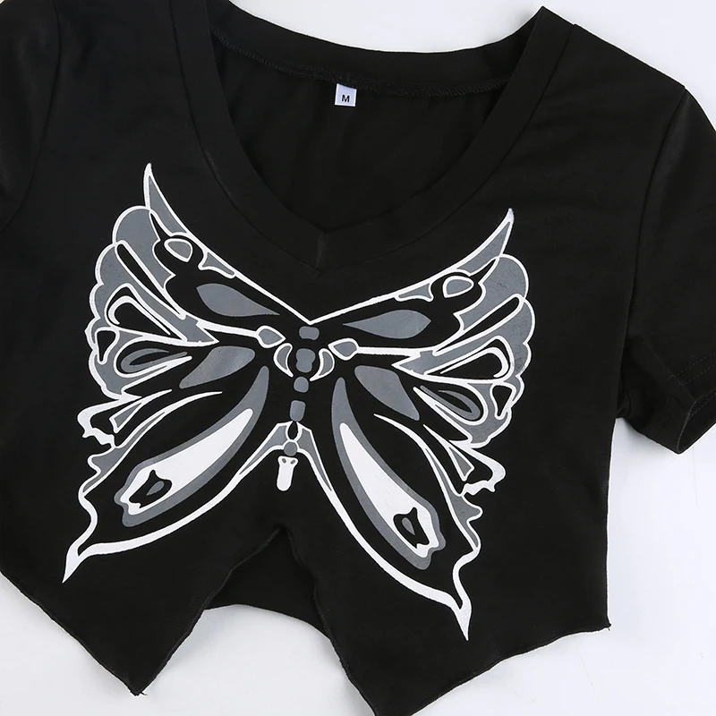 HEYounGIRL Butterfly Print Women Crop T-shirt Gothic Black Short Sleeve High Street O Neck Tee shirts Harajuku Fashion Tops Lady