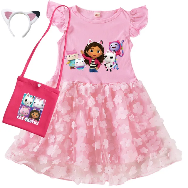 Robes Gabby's Dollhouse pour enfants, costume de dessin animé Gabby Chat, robes d'été décontractées à manches courtes pour bébés filles, avec sac et bandeau 1