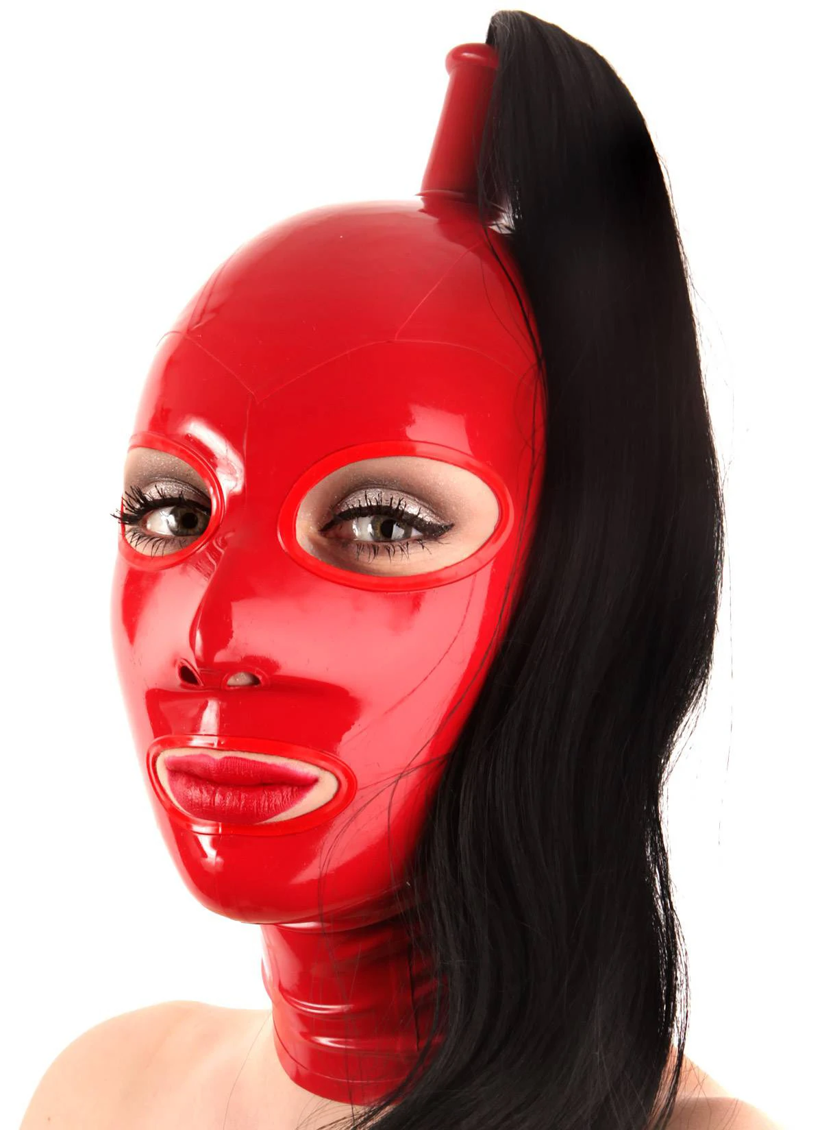 

Latex Hoods with Hair Pigtail Dark Blue Latex Rubber Mask Sexy Handmade Headgear Hairpieces Wigs Open Eyes Mouth