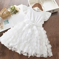 Summer 3D Flower Mesh Ruffles Sleeves Dress 1-5 Years Toddler Girls Birthday Party Princess Dress Tutu Cute Baby Girls Clothes 2
