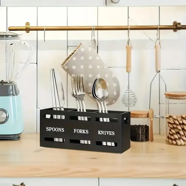 Spoon Caddy Wood Utensil Caddy With 3 Compartments Fork Spoon Holder