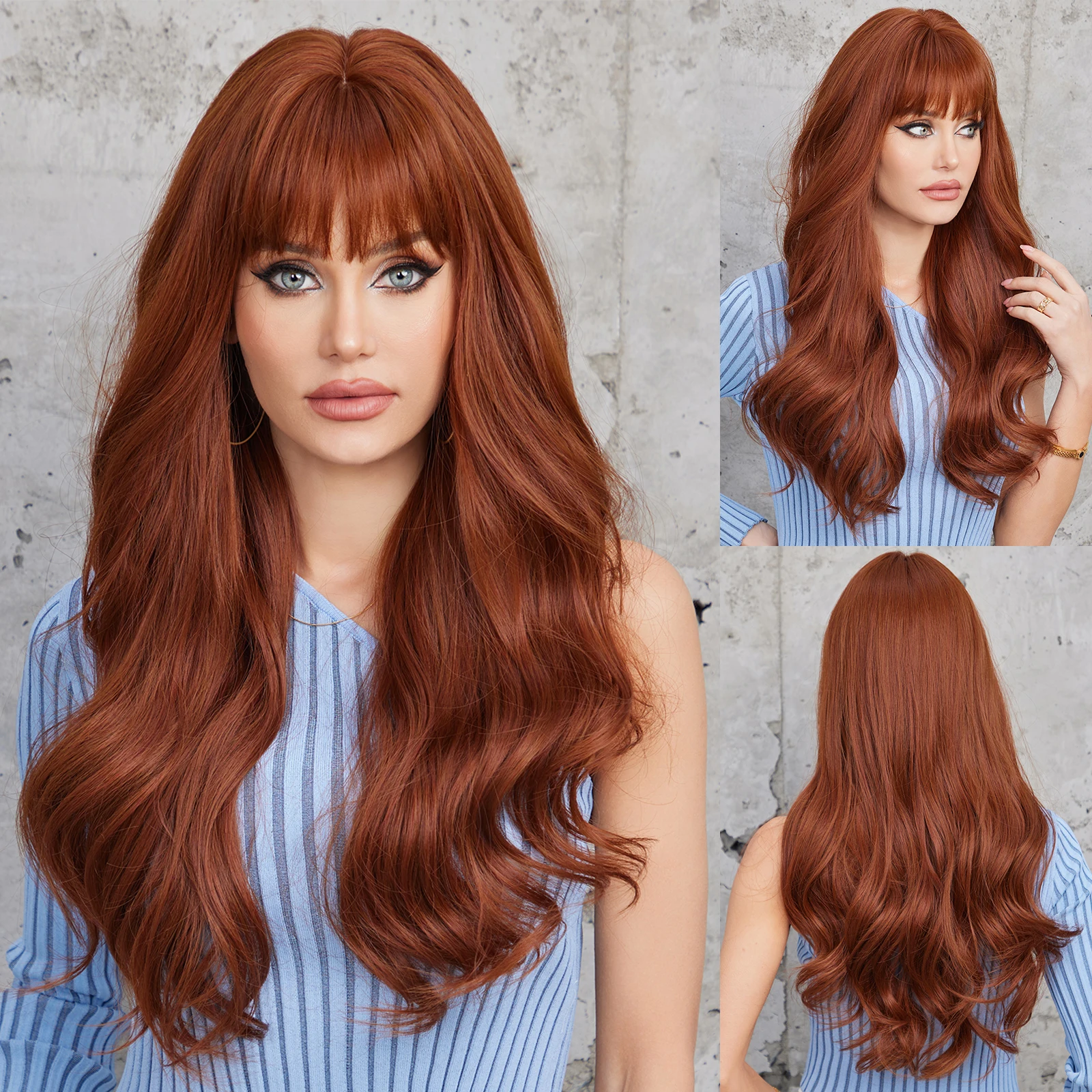 

Long Body Wave Wigs for Women Copper Brown Curly Synthetic Fake Hair with Bangs Natural Daily Party Use Soft Wigs Heat Resistant
