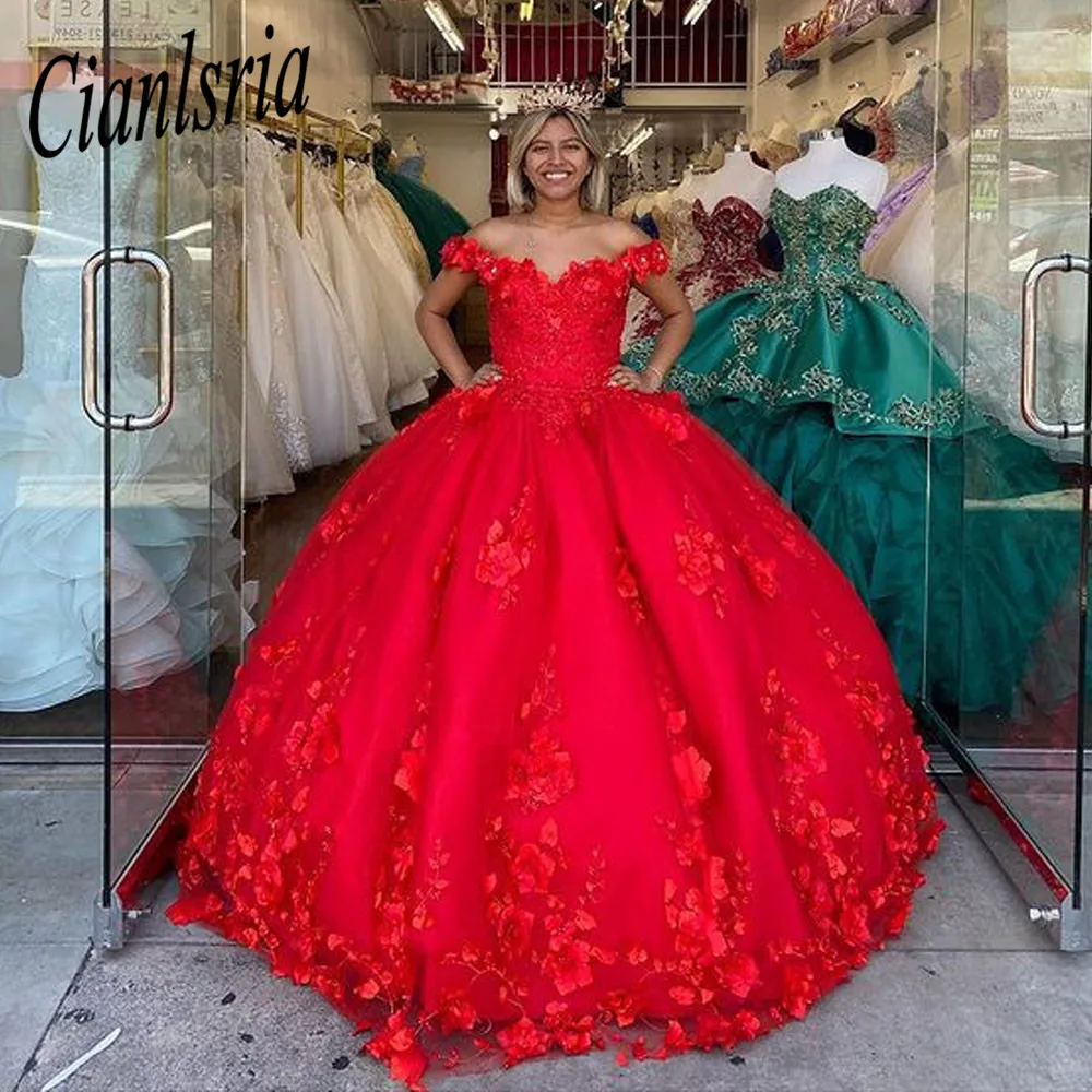 

Red Ball Gown Quinceanera Dresses 15 Party High Quality 3D Flower Cinderella Princess Gowns With Cape Hot Sale