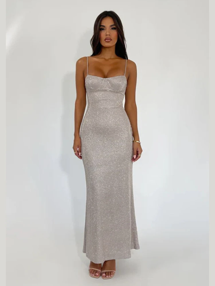 

Laxsesu Sequined Party Evening Maxi Dresses for Women 2024 New Spaghetti Strap Sleeveless Backless Summer Bodycon Dress Silver