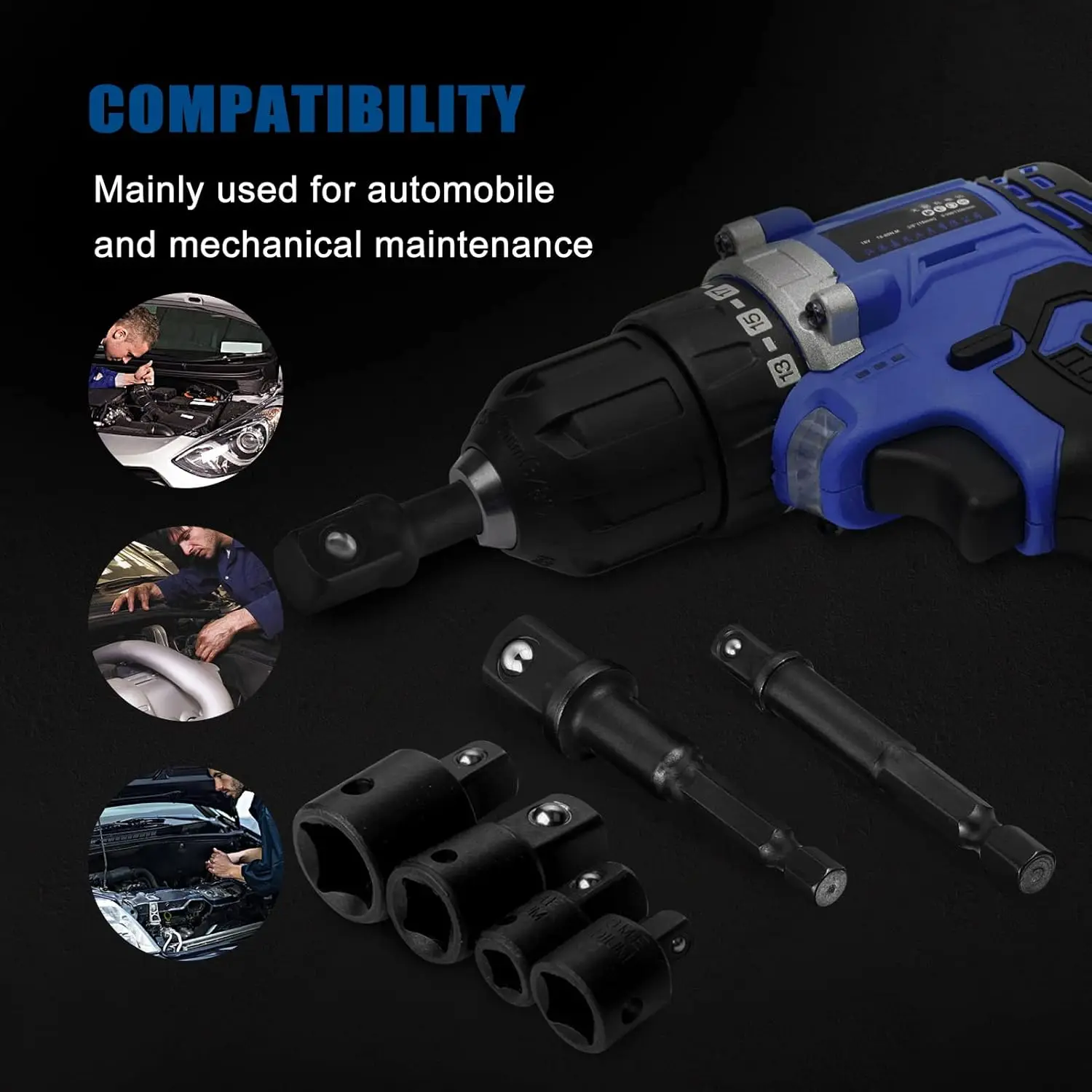 4/7-teiliges Schlagschrauber-Steckschlüssel-Adapter-Set, 1/4" 3/8" 1/2" SAE Bohrer-Steckschlüssel-Adapter-Set, Vierkant- und Sechskantantrieb für Schlagschrauber – Detail 5