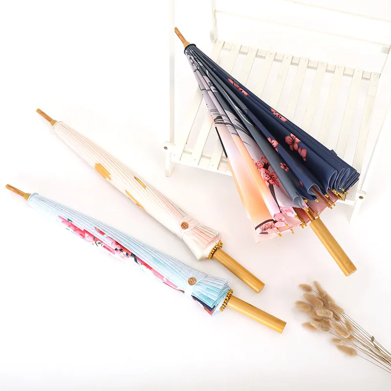 Chinese style Sunny-Rainy Umbrella Retro Elegant rainproof ancient wind Umbrella 24Ribs Fiber-proof Wood Grain Straight