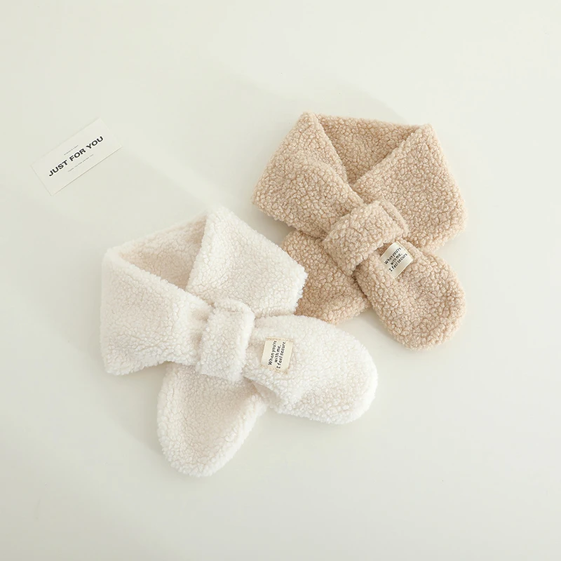 Korean Simple Kids Cross Scarf Lamb Wool Winter Baby Neckerchief Windproof Warm Solid Color Girls Boys Scarves