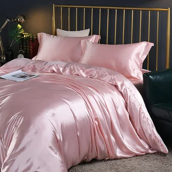 Mulberry Silk luxury Bedding Set with fitted sheet High-end 100% Silk Satin Bedding Sets soft smooth Solid Color quilts Cover 2