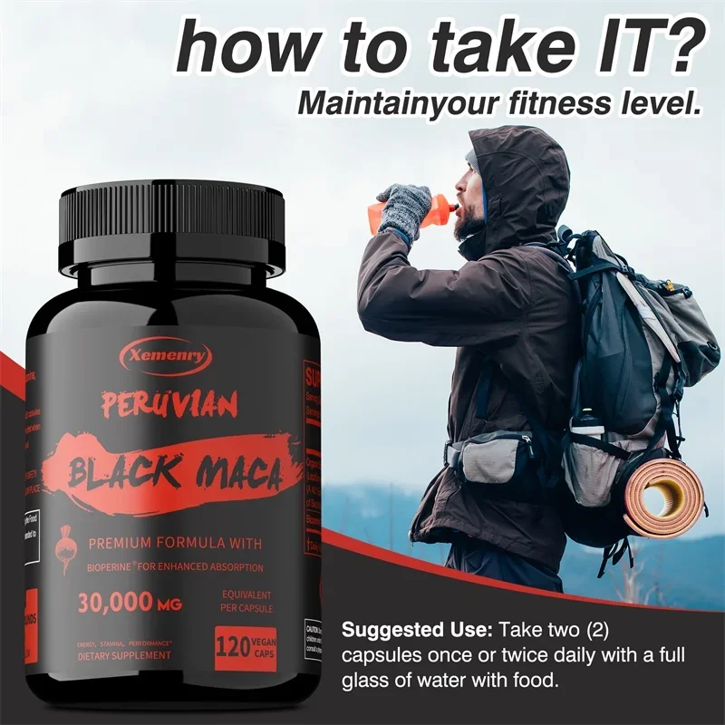 Black Maka Root Capsules Men Energy Endurance and Vitality Booster Builds Muscle Strength and Drive