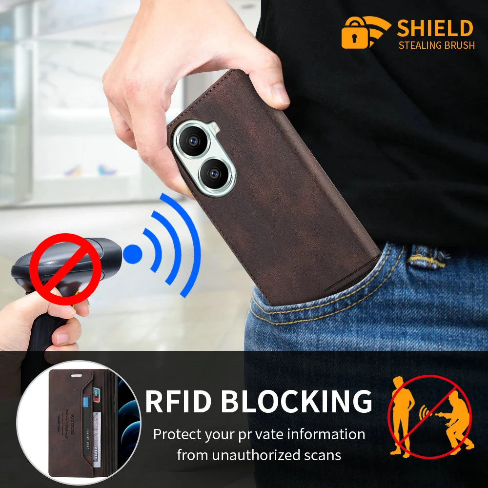 Leather Flip Case Wallet with Anti-Theft Protection
