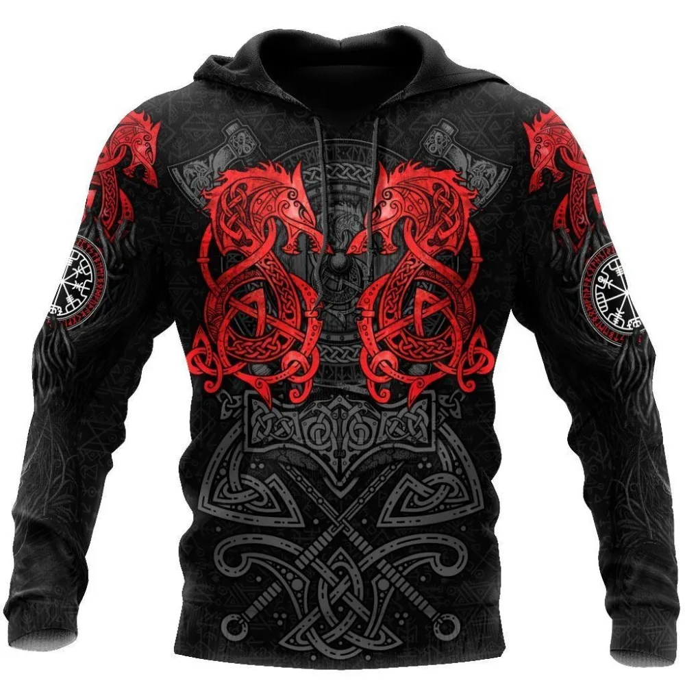 thumbnail image 1 of Sudadera con capucha de gran tamaño con estampado 3D de esqueleto cruzado y tatuaje rojo terrorífico para hombre, chándales casuales, ropa de animal de cuervo y lobo malo, 1 of 5