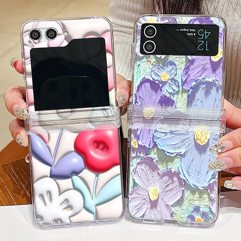 릴리프 플라워 클리어 접이식 케이스, 삼성 갤럭시 Z 플립 5 플립 4 플립 6 하드 투명 폰 커버, 삼성 Z 플립 6 5 4 3 