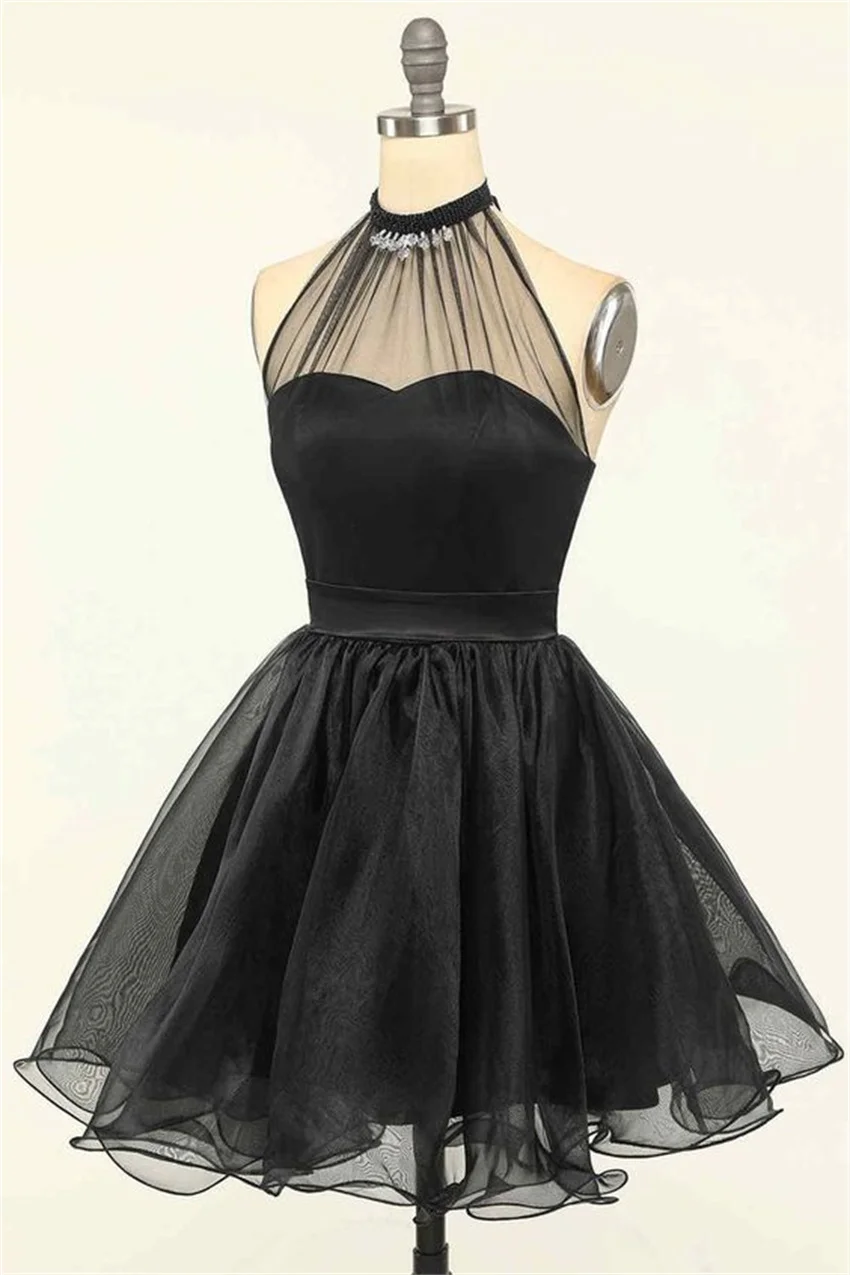 

Black Homecoming Dresses 2023 Short Halter Neck A-line Strapless Vintage Elegant Sleeveless Sexy Tulle Cute Party Gowns Pleated