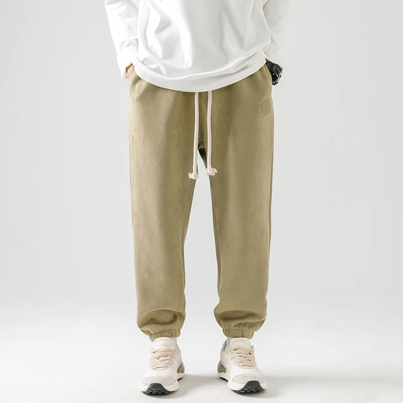

Men's Spring Autumn Casual Ankle Pants Vintage Tang Suit with Embroidered Chinese-style Pants Solid Suede Harem Pants for Men