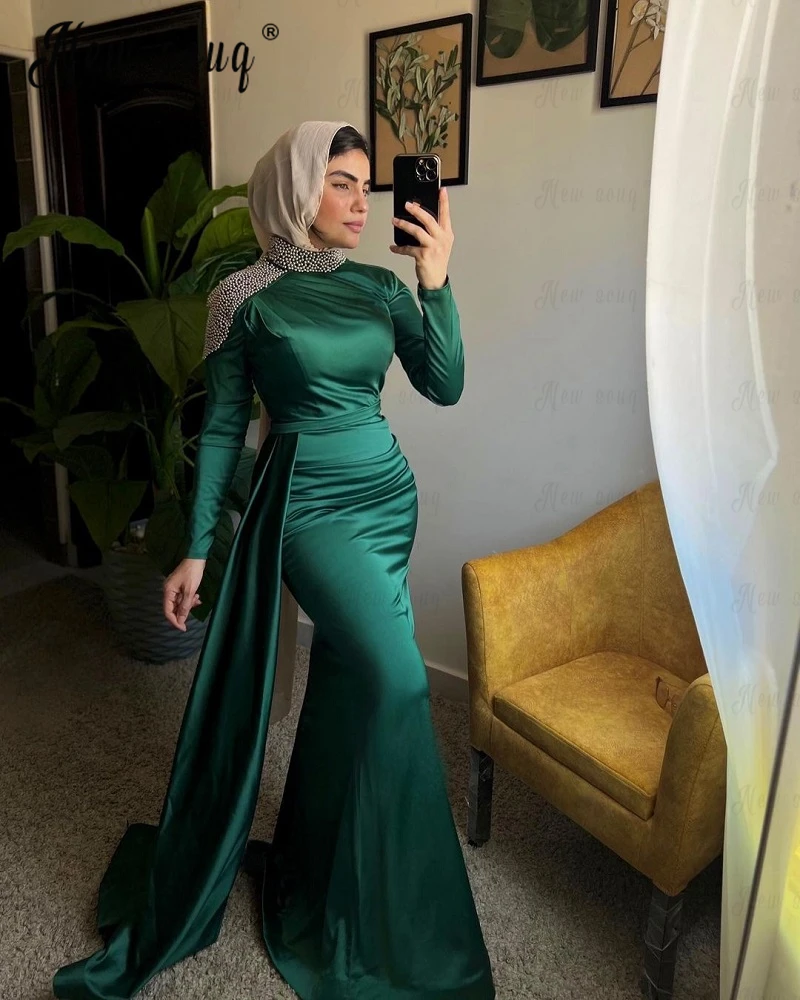 

Green Dubai Crystals Evening Dress Middle East Muslim Wedding Guest Gowns Customized Long Celebrity Prom Dresses Robe Soirée