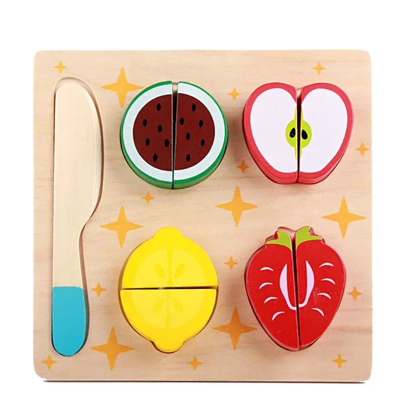 Wooden Geometric Shapes Montessori Puzzle Sorting Fruit Vegetable Combination Cutting Kitchen Toy Baby Toddler Toys for Children
