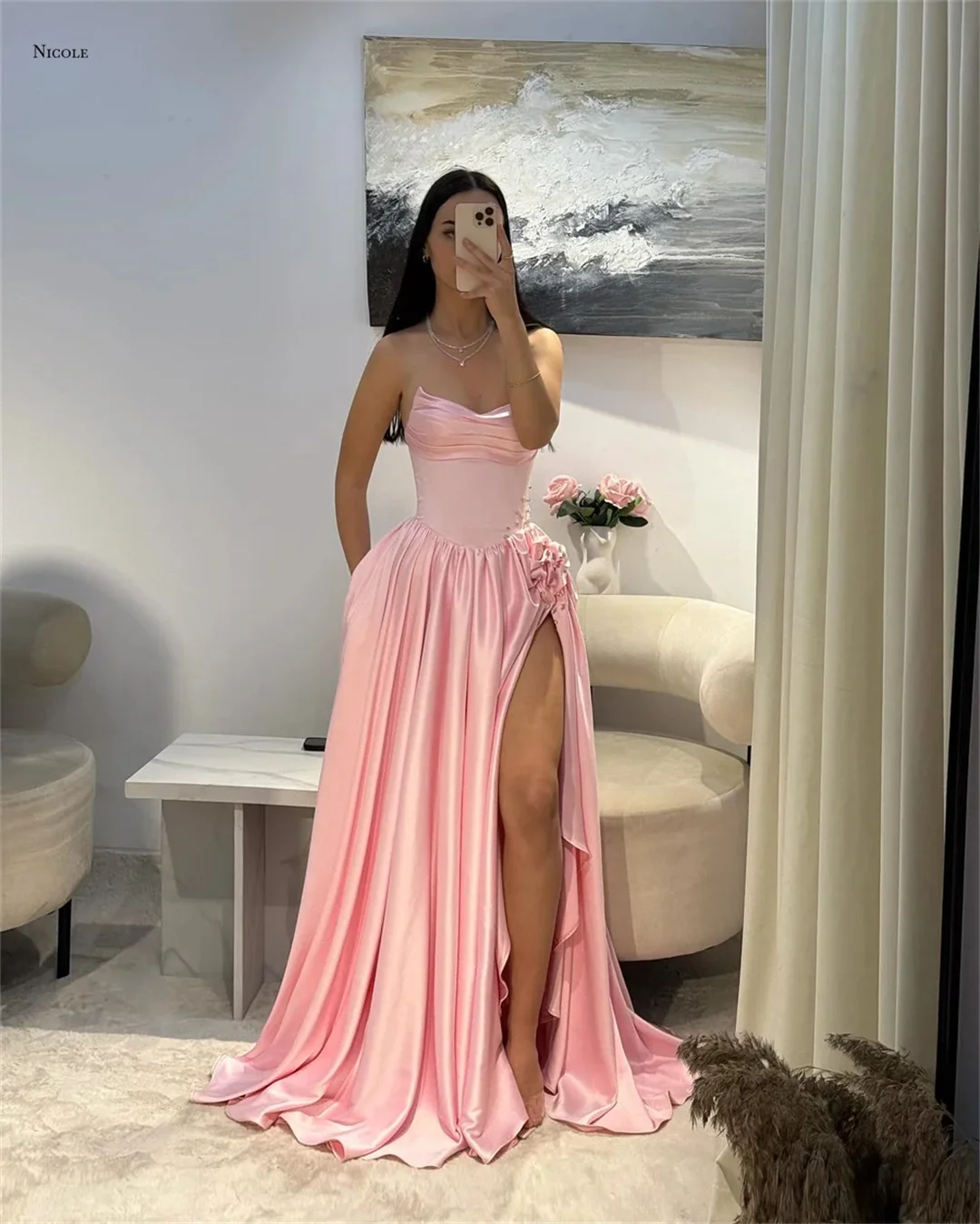 Nicole Line A Robe Soiree Custom Made Elegant Women's Dresses for Wedding Party Dresses for Special Occasions Sling Satin Cloth 2