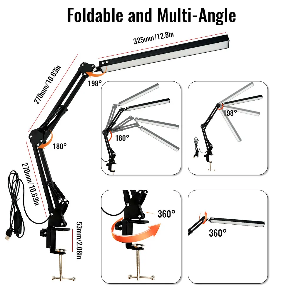 Lâmpada de mesa led com braçadeira 10w braço oscilante ajustável 3 modos de iluminação 10 níveis de brilho cuidados com os olhos para escritório/estudo/leitura
