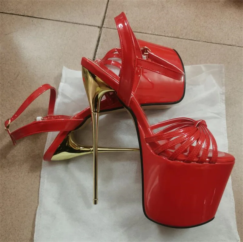 Summer 2025 Nightclub Women Shoes Sexy Open Toe Party Pumps Big Size Sandals 22CM Metal Thin High Heels Narrow Band Stilettos 5