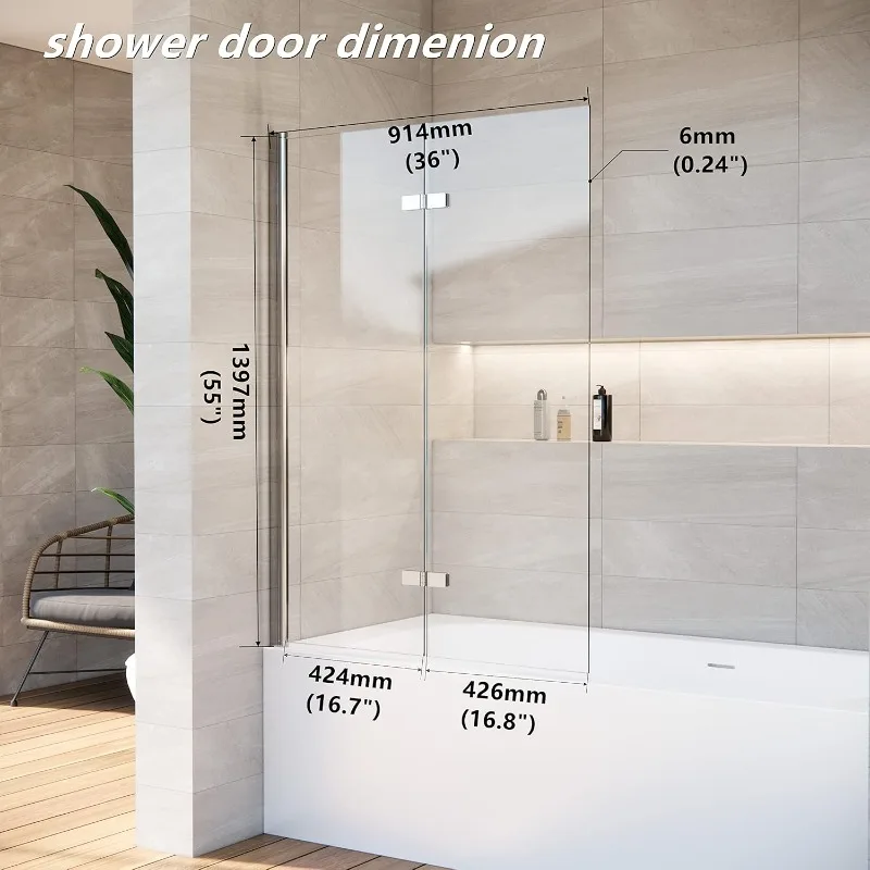 36 * 55 Inch Bathtub Shower Door,Bathroom Door with Bottom Seal,Liftable and Foldable Glass Door,Rectangular Bathtub Screen 2