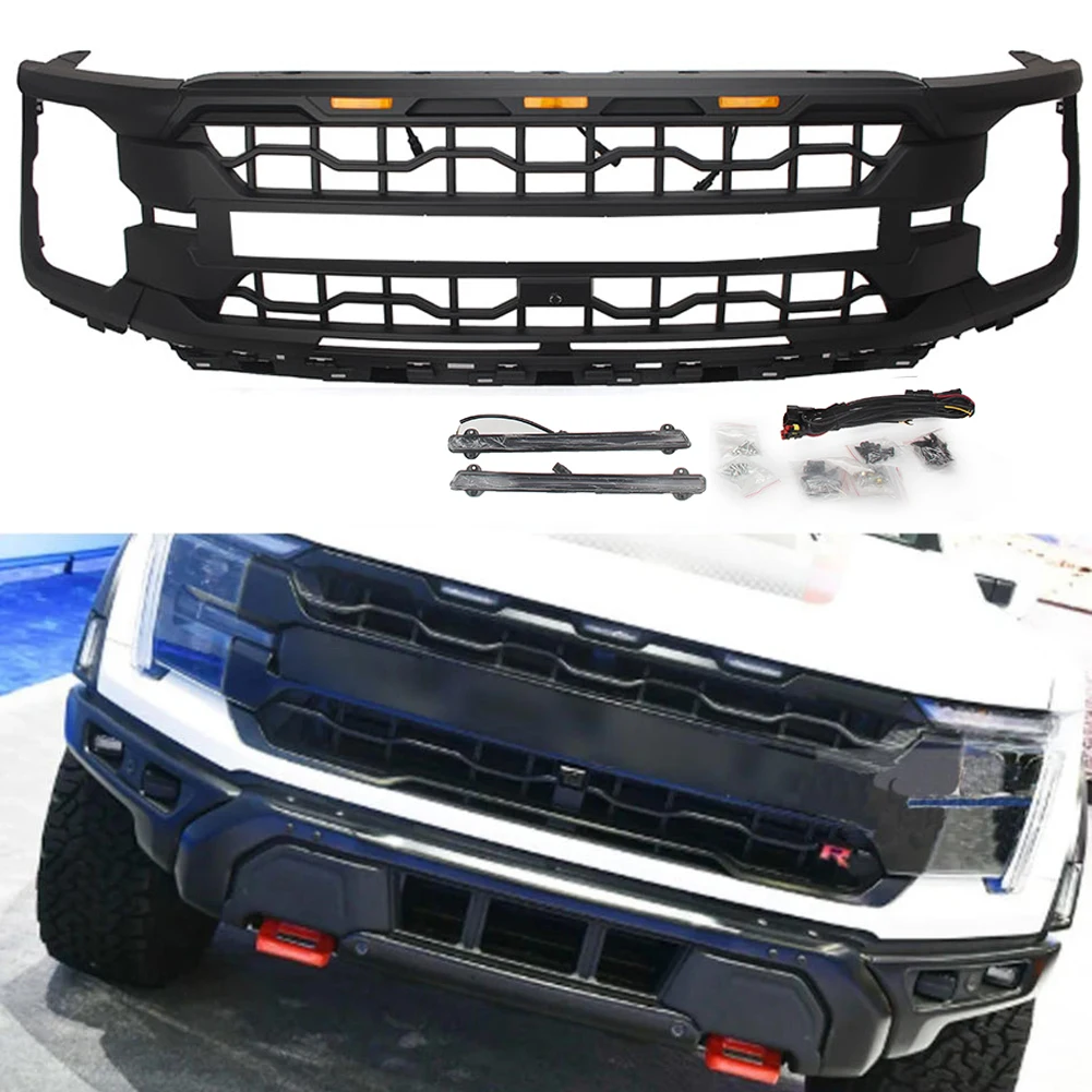 2024-2025년형 포드 F150 라리엇 킹/랜치/플래티넘 레이싱 그릴 개조용 전면 라디에이터 그릴 (라이트 바 포함)