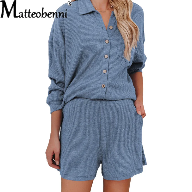 Autumn Elegant Chic Long Sleeve Ladies Suit Fashion Casual Homewear Suit Women's New Solid Lapel Button Shirt Shorts Two Pieces