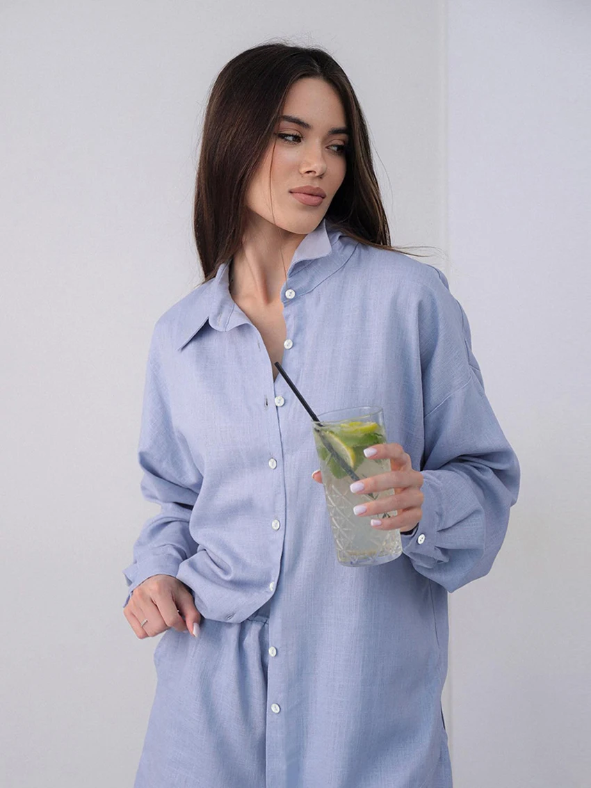 Marthaqiqi Casual Women Sleepwear Set Long Sleeve Nightgowns Turn-Down Collar Pajama Shorts Cotton Ladies Nightwear 2 Piece Suit