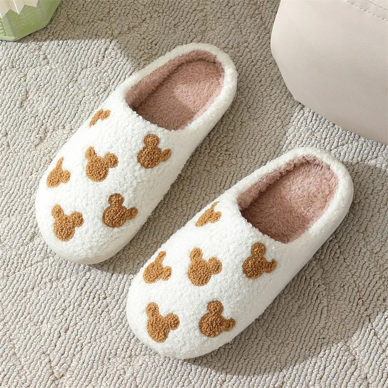 Cute Bears Pattern Fur Slippers Women 2025 Winter Indoor Non Slip Home Cotton Slippers Woman Closed Toe Plush Slides Ladies
