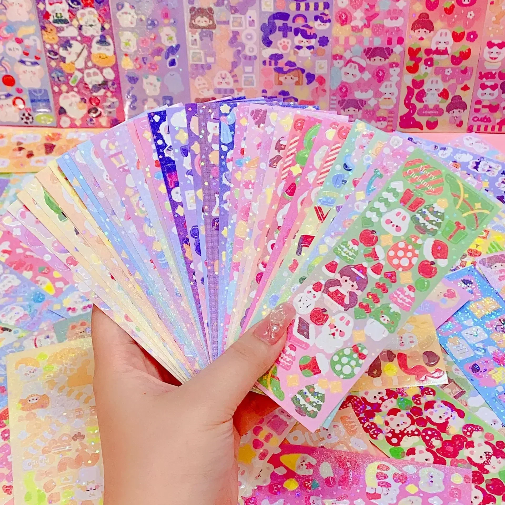Handbook Stickers 10-100Pcs Kawaii Handbook Stickers Cartoon Collage Laser Sticker DIY Decorative Scrapbooking journals Stationery School Supplies