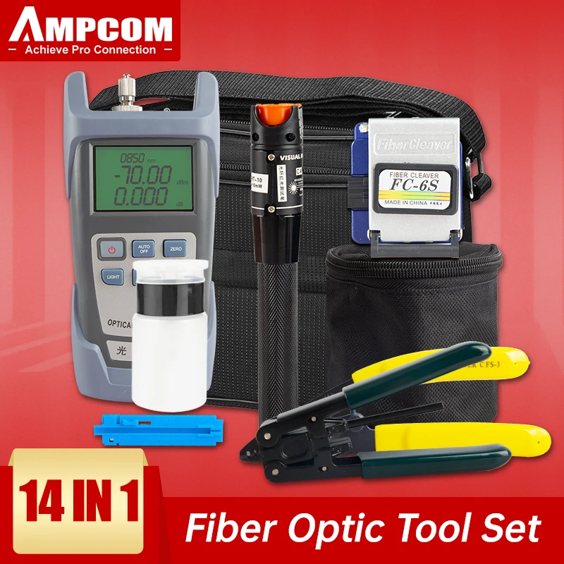 Ampcom-ftth Kit de Ferramentas de Fibra Óptica com Cutelo Localizador de Falhas Visuais Medidor de Potência Óptica 14 em 1