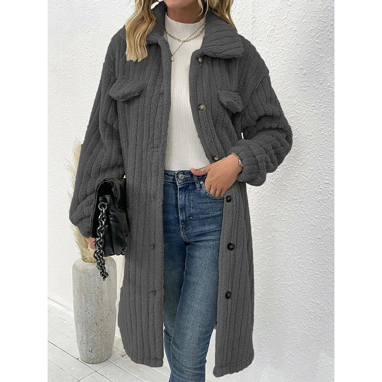 Lapel Plush Striped Casual Long Coat for Women