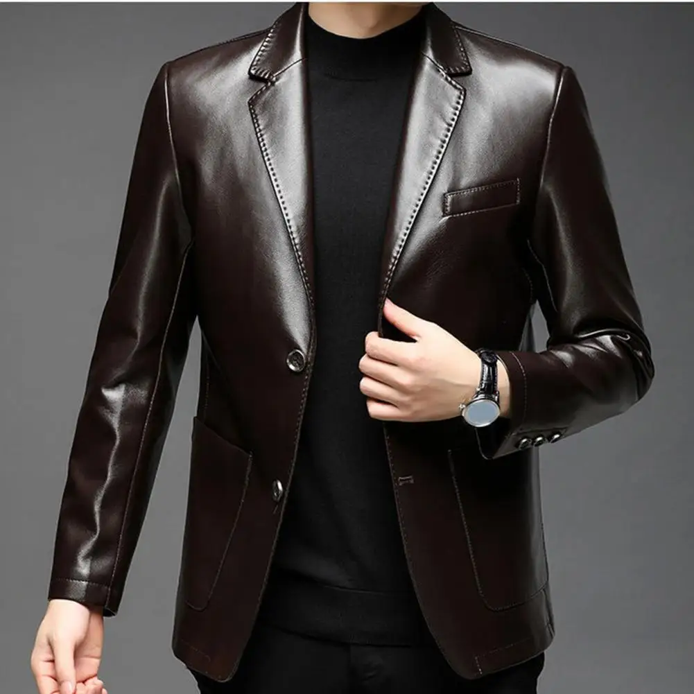 

Men Jacket with Button Decoration Stylish Lapel Collar Men's Leather Jacket with Button Cuffs Pockets for Outdoor Business
