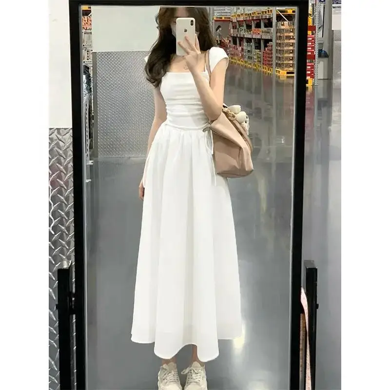 

White Dress for Women Summer French Style Waist Drawstring Splicing Fake Two Piece Small Flying Sleeves Suspender Long Dress