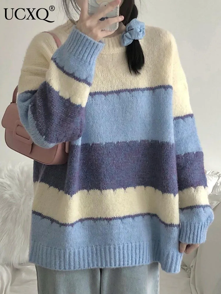 

UCXQ Korea Chic Contrast Color Striped Long Sleeve Pullover Sweater Casual Loose O-neck Knitwear Tops Autumn 2023 New 23A4871