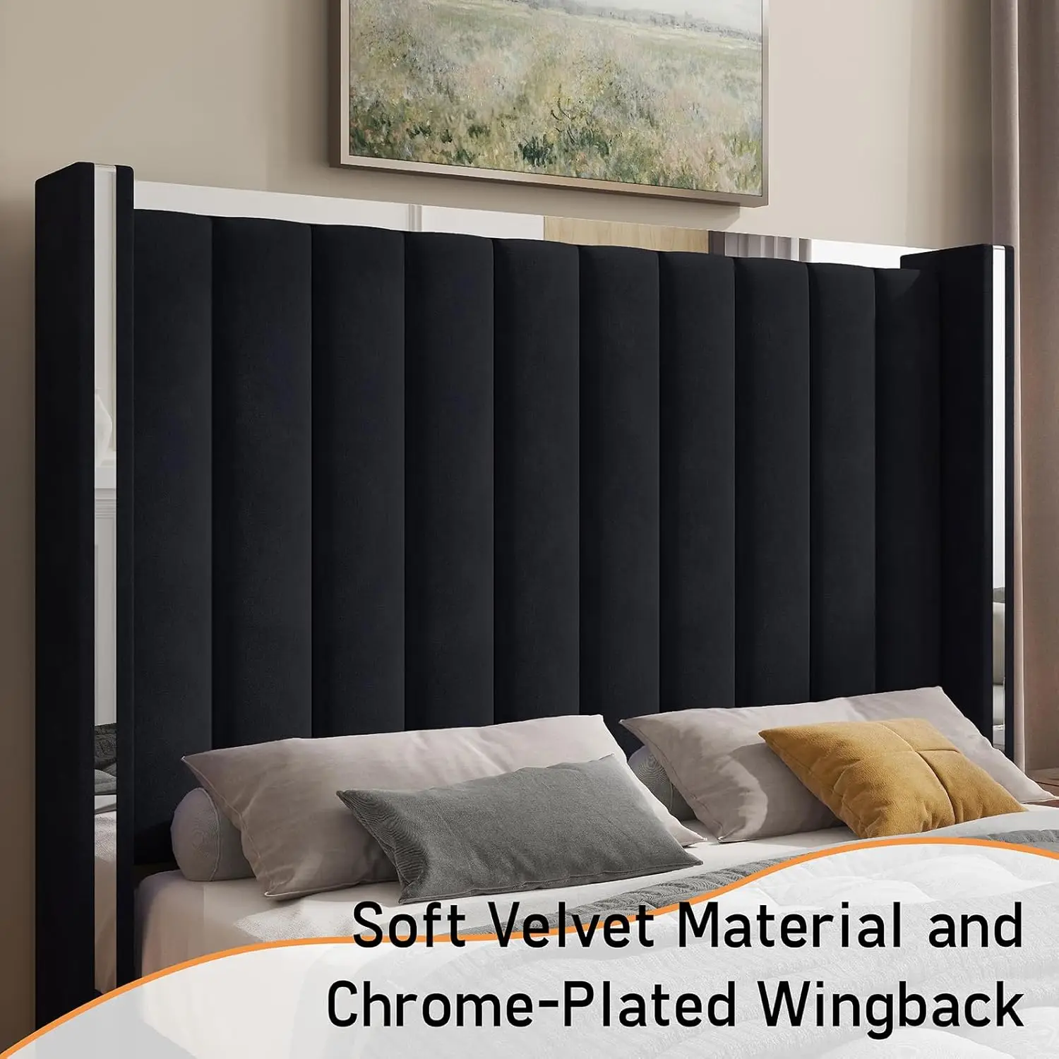 Bed Frame with 58" Tall Headboard, Velvet Upholstered Platform Bed with Channel Tufted Wingback Headboard and Plating Trim